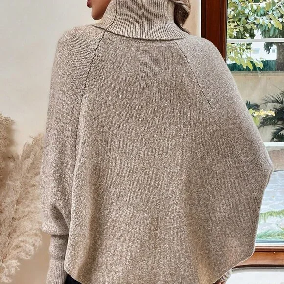 Khaki Casual Women's Turtleneck Batwing Sleeve Button Detail Poncho Sweater top